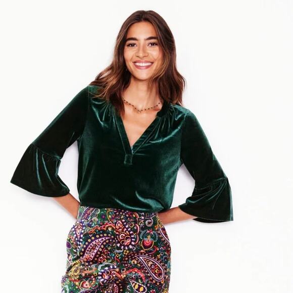 Boden Green Velvet V-Notch Neckline Bell Sleeve Blouse NWT - Picture 11 of 11